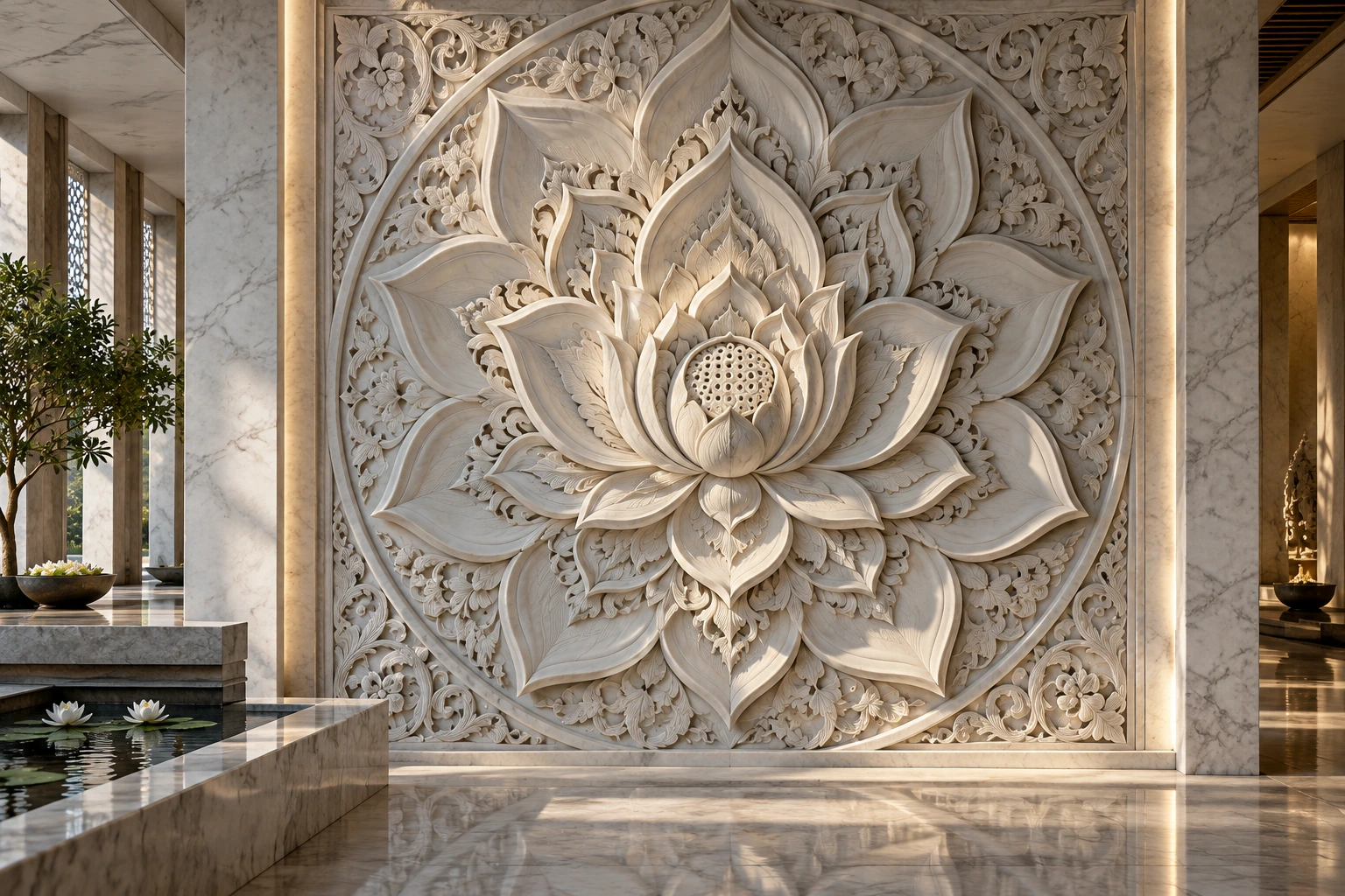 3D Stone Wall Art — Lotus mandala in marble — Marble architectural design concept