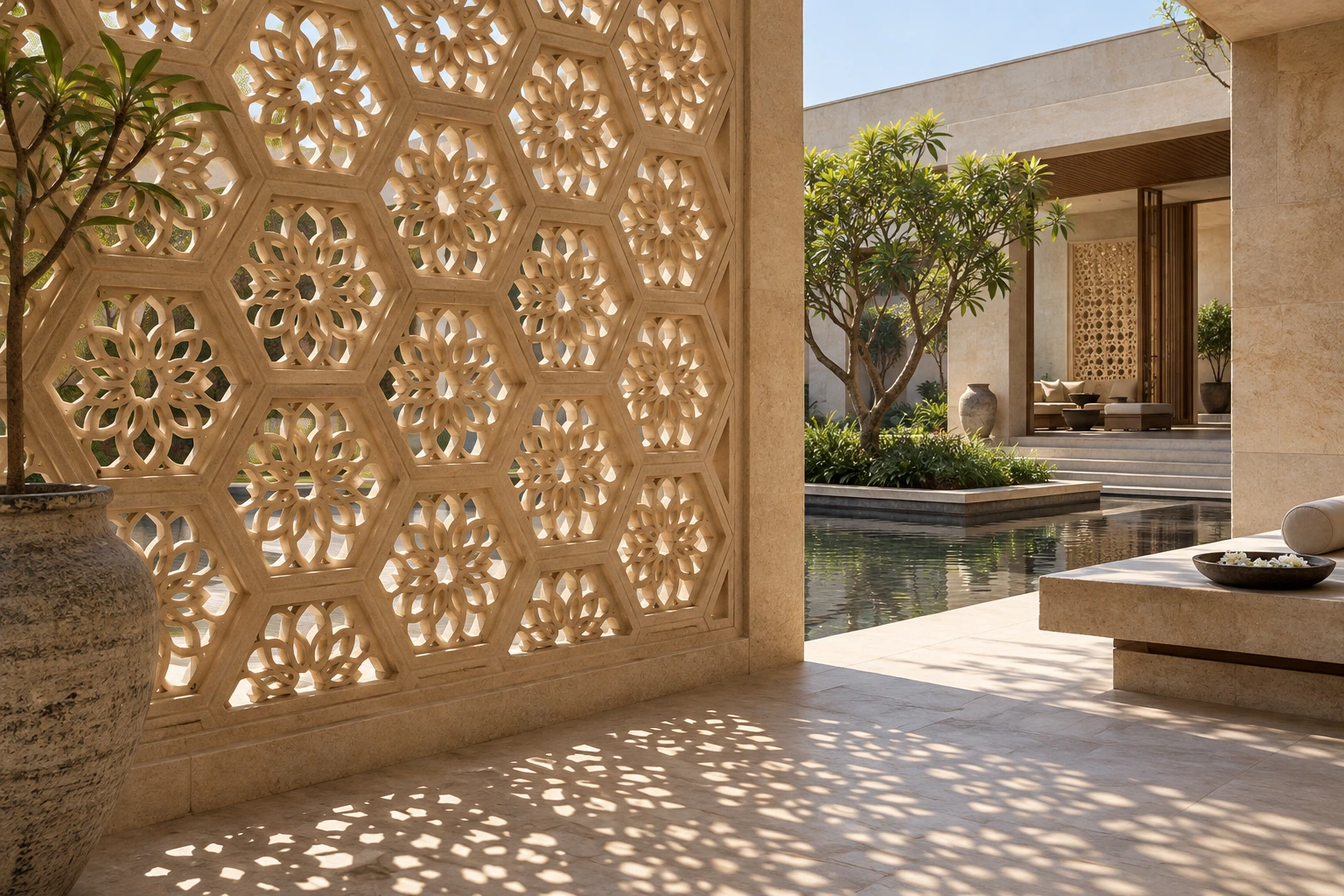 Stone Jaali — Floral sandstone jaali — Sandstone architectural design concept
